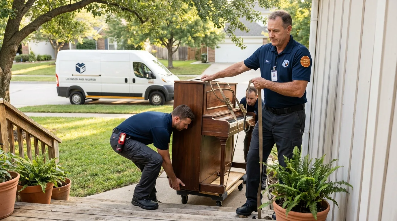 Licensed piano movers securing grand piano in Ludlow, MA