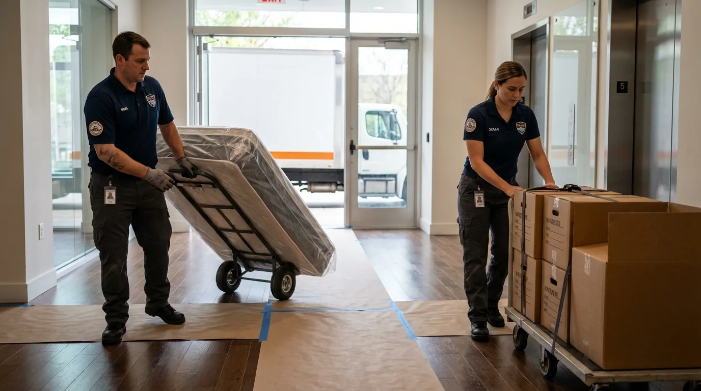 Professional apartment movers loading elevator in Ludlow, MA