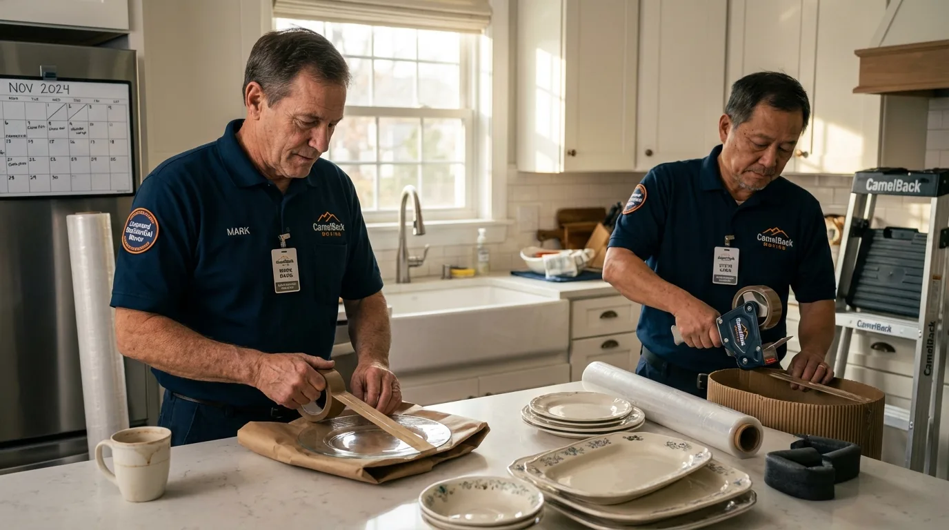 Professional crew packing kitchen dishware in Ludlow, MA